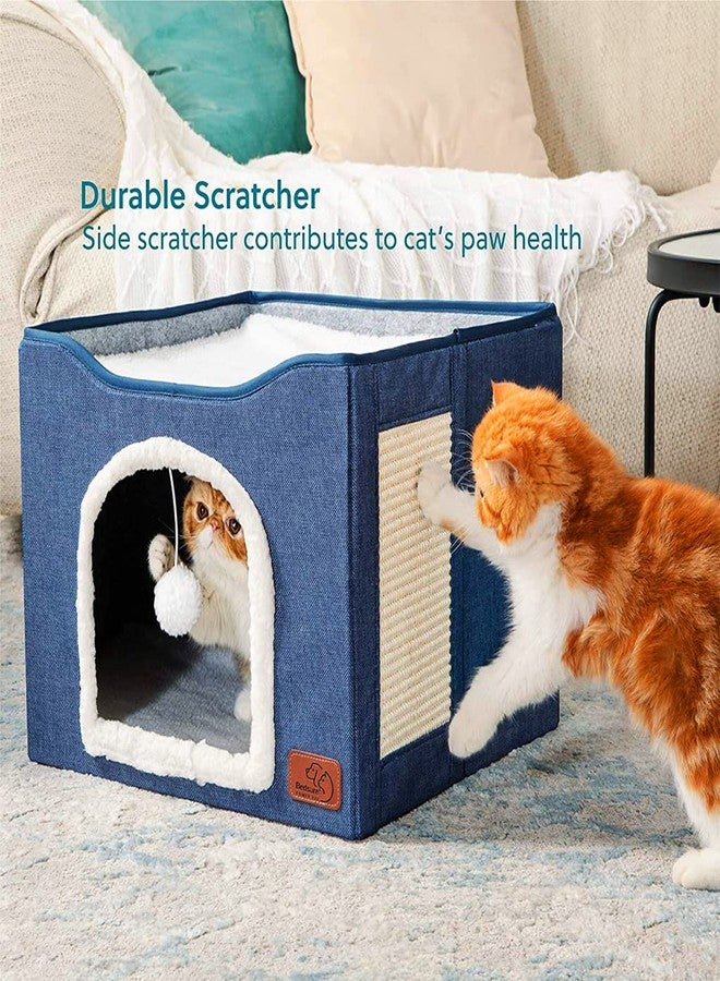 Qpets® Cat Beds for Cats Large Cat House Cat Cave for Pet Cat House with Fluffy Ball Hanging Toy and Scratch Pad, Foldable Cat House Cat Hidewawy, Blue, 16.5x16.5x14 inches - Image 5